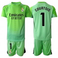 Stroje piłkarskie Real Madrid Thibaut Courtois #1 Bramkarskie Koszulka Wyjazdowej dla dzieci 2025-26 Krótki Rękaw (+ szorty)